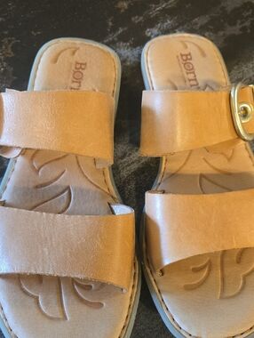 Born Tan Leather Double-Strap Slide Sandals with Buckle